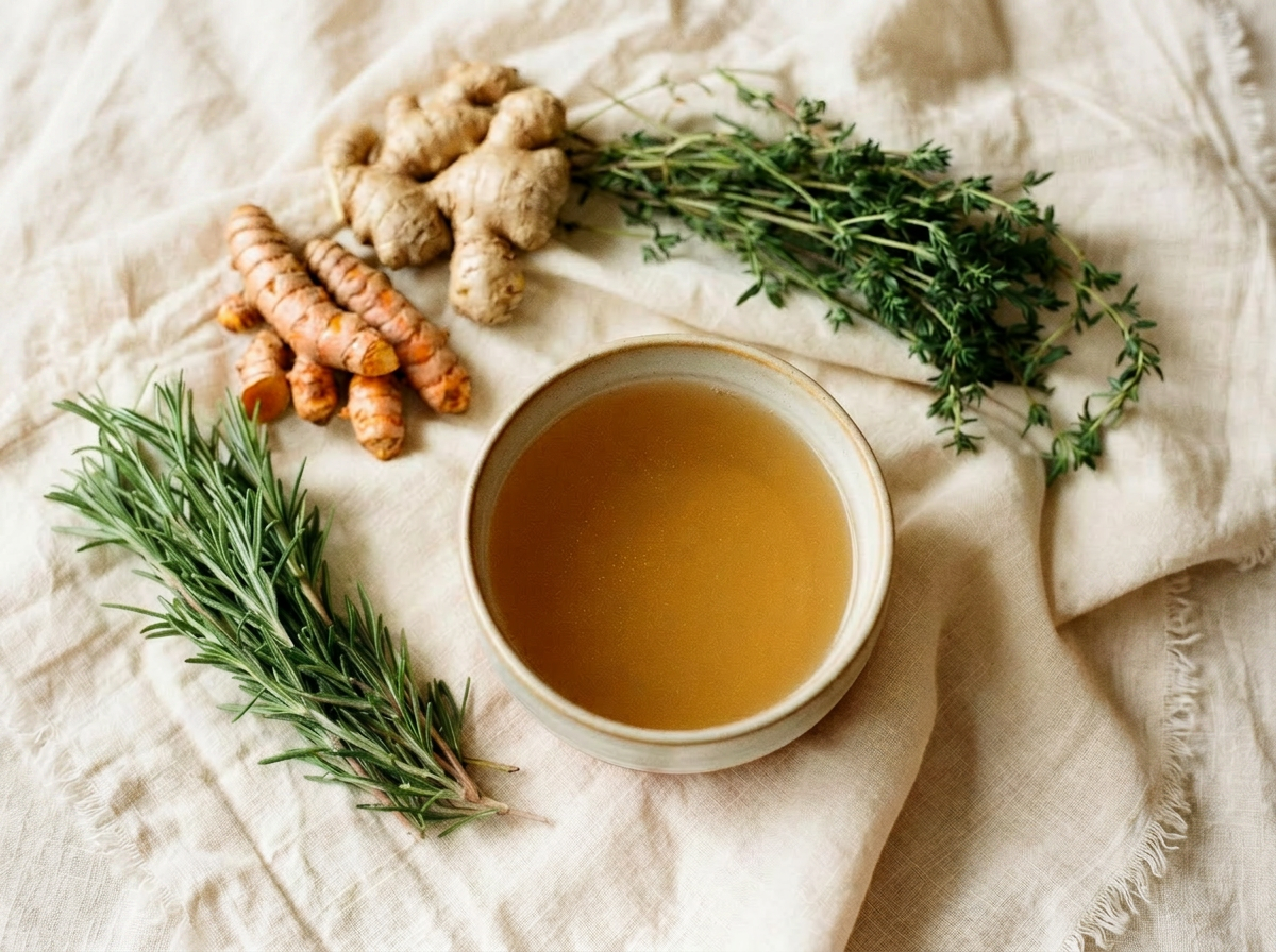 Bone broth with fresh whole ginger and turmeric root on linen
